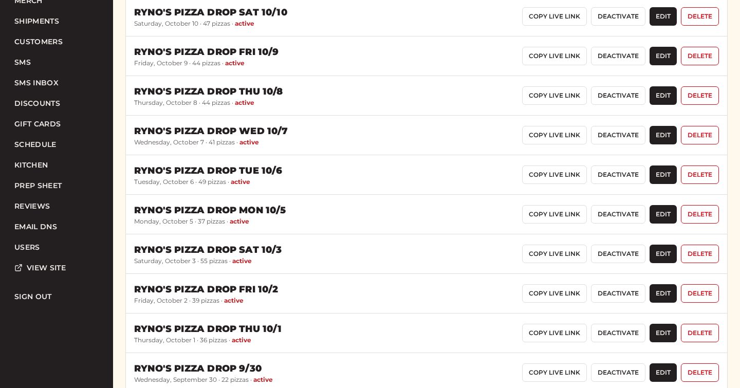 The Ryno’s drops manager listing scheduled drops with live links