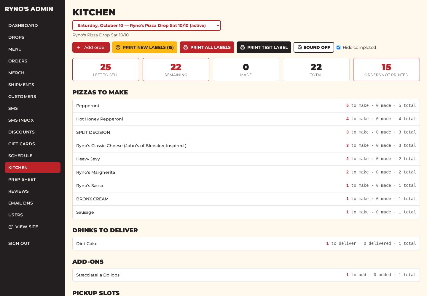 The Ryno’s kitchen screen showing what to make and pickup slots