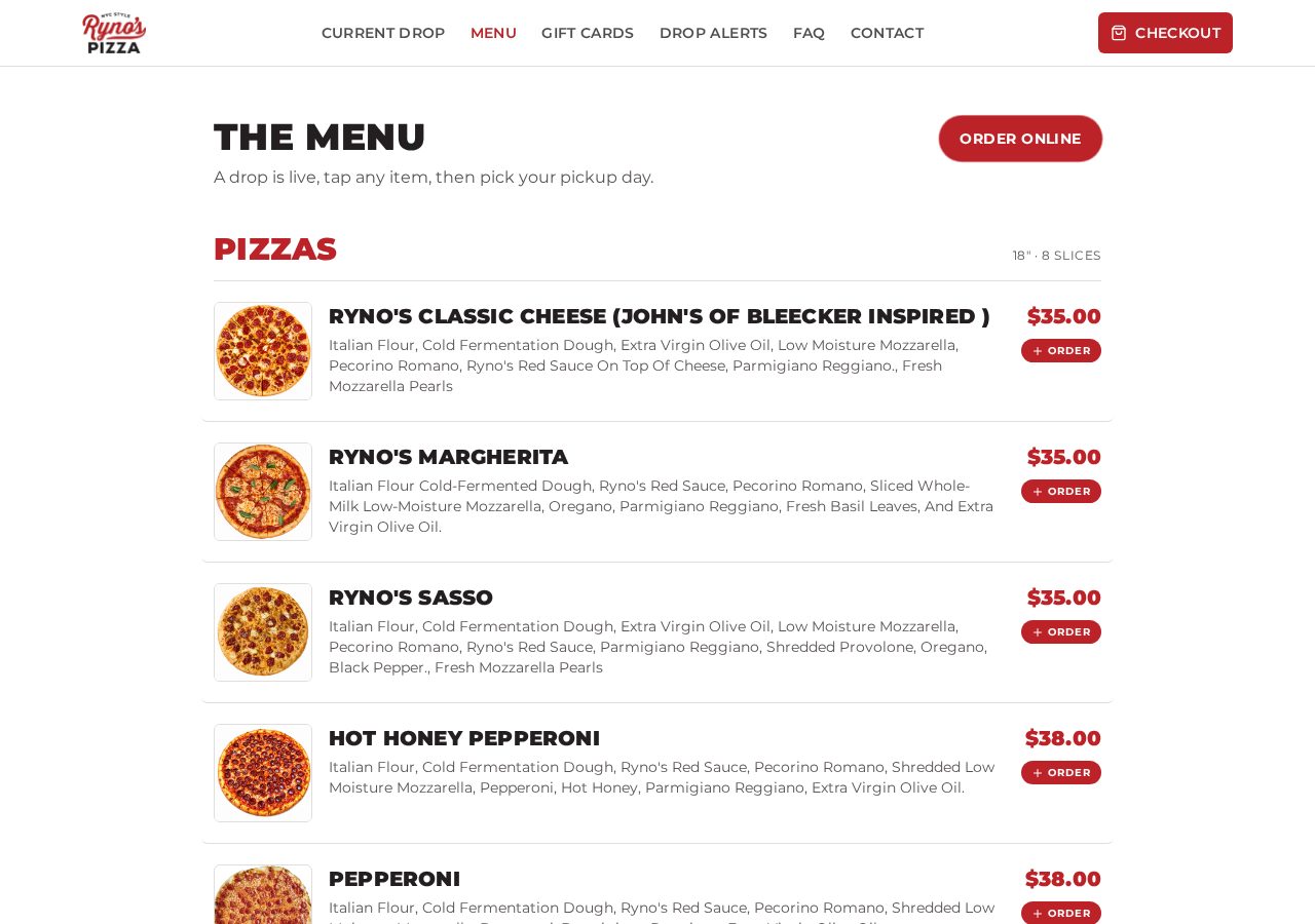 The Ryno’s Pizzas menu with items, descriptions, and prices