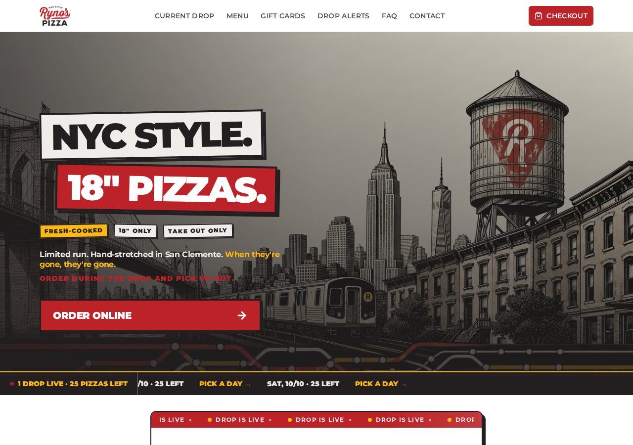 The Ryno’s Pizzas storefront with a live drop countdown and order button
